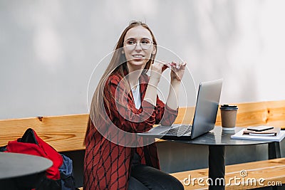 Make money online, blogging, ebusiness. Young woman, freelancer, student girl using laptop Stock Photo