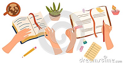Hand making note. Reading a book, writing plans on sticky memo notes, making schedule in paper planner, notebook. Vector Illustration