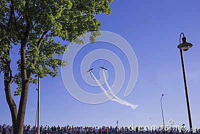 The An-2 make some trick in the sky. Stock Photo