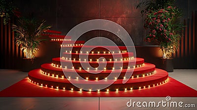 Make a statement with this elegant podium featuring a striking red carpet design and flashing camera lights perfect for Stock Photo
