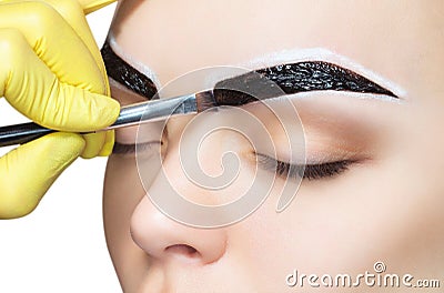 The make-up artist applies a paints eyebrow dye on the eyebrows of a young girl Stock Photo