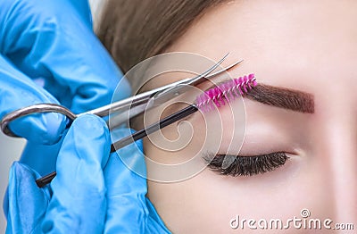 The make-up artist cuts her eyebrows with scissors. Stock Photo