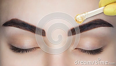 The make-up artist plucks her eyebrows, before the procedure of permanent make-up Stock Photo