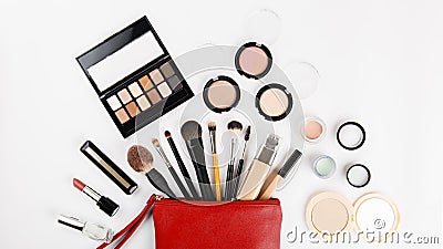 Make up bag with cosmetic beauty products. Stock Photo