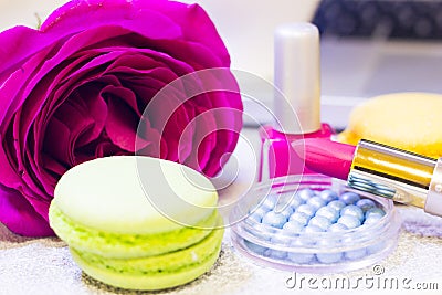 Make up products and a laptop Stock Photo
