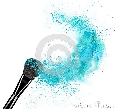 Make up brush with powder splash isolated on white background Stock Photo
