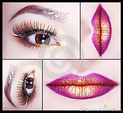 Make up Collage. Beautiful Gold Eyes and lips. Fashion look. Bright Holiday Makeup detail. Stock Photo