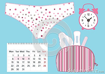 Make up colorful bag with menstruation sanitary pads and cotton tampons, lace pants , a calendar and alarm clocks. Hygiene protect Vector Illustration