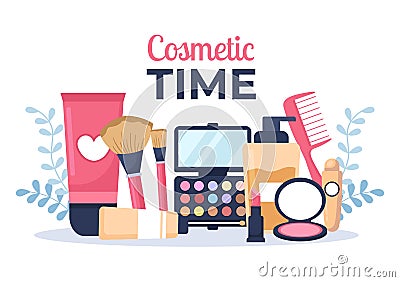 Make Up Cosmetics Collection of Glamour Girl Like Nail Polish, Mascara, Lipstick, Eyeshadows, Brush or Powder in Illustration Vector Illustration