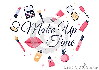 Make Up Cosmetics Collection of Glamour Girl Like Nail Polish, Mascara, Lipstick, Eyeshadows, Brush or Powder in Illustration Vector Illustration