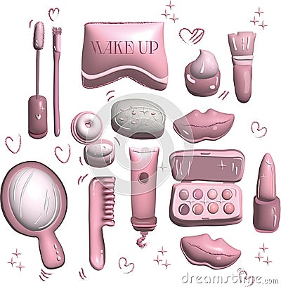 MAKE UP 3D Cosmetics icon set make up set pink barbie set beauty beautiful pink lipstick pudra mirror Stock Photo