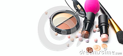 Make-up. Face contouring make up, contour. Highlight, shade, blend. Makeup Products, make up artist tools. Foundation, concealer Stock Photo