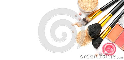 Make-up. Face contouring make up, contour. Highlight, shade, blend. Makeup Products, make up artist tools. Foundation, concealer Stock Photo