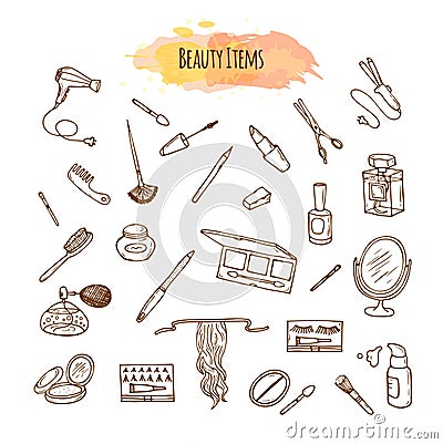 Make up hand drawn set. Doodle beauty items. Vector Illustration