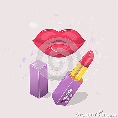vector make-up kit, lipstick with a cap, plump lips, bright makeup Vector Illustration