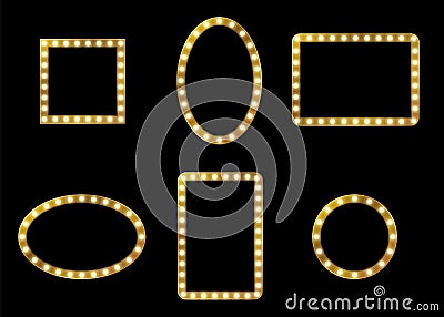 Make-up mirror frame. Lighting lamp frames different forms. Empty square rectangle and round fashion decor, glamour Vector Illustration