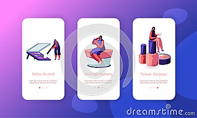 Make Up School Mobile App Page Onboard Screen Set. Women Use Cosmetics Testing Skin Care Products in Beauty Salon Vector Illustration