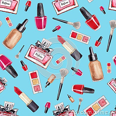 Make Up seamless pattern. Fashion. Glamor accessories. Watercolor pattern with lipstick, perfume and nail polish on a blue Stock Photo