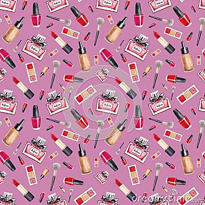 Make Up seamless pattern. Fashion. Glamor accessories. Watercolor pattern with lipstick, perfume and nail polish on a pink Stock Photo