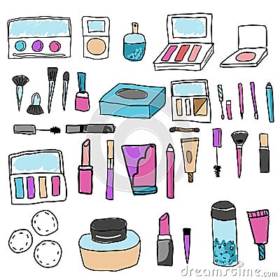 Make up set. Tools and cosmetic. Eyeshadows, lipstick, foundation and other icons in hand drawn quirky style Vector Illustration