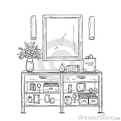 Make up. Vanity table and beauty boxes. Vector Illustration