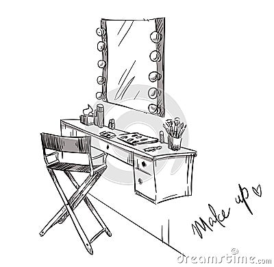 Make up. Vanity table and folding chair illustration. Vector Illustration