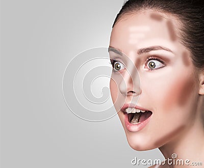 Make up woman face. Contour and Highlight makeup. Stock Photo