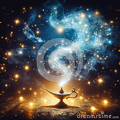 make a wish on the beautiful magic genie lamp with sparkles Stock Photo