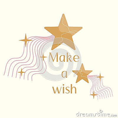 Make a wish. Boho Modern Minimal Falling Stars with Comet Tail. Isolated. Shooting star Vector Illustration