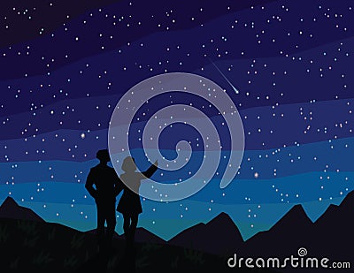 Make a wish. Silhouette of couple, watching falling star. Vector Illustration