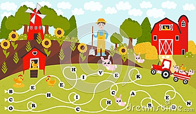 Make words from letters labyrinth, printable worksheet for studying english for kids in cartton style with farmer Vector Illustration