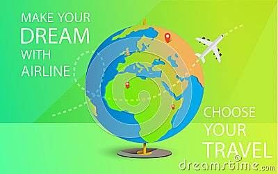 Make your dream with airline. Trip to World. Travel to World. Vacation. Road trip. Tourism. Travel banner. Open suitcase with Cartoon Illustration