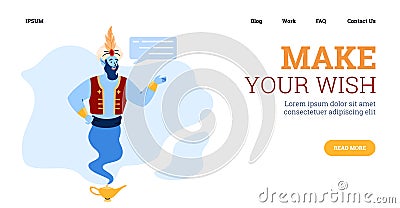 Make your wish - header of web banner with genie, cartoon vector illustration. Vector Illustration