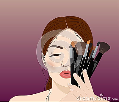 Beautiful lady with makeup brushes Stock Photo