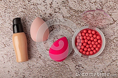 Makeup accessories,beauty blender and makeup brushes. Stock Photo