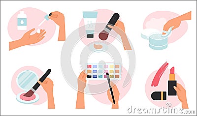 Makeup applying set, girls hands holding lipstick and brush, palette to apply visage Vector Illustration