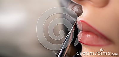 Makeup artist applying a contour with a brush on female lips, lip makeup, female face beauty concept, banner Stock Photo