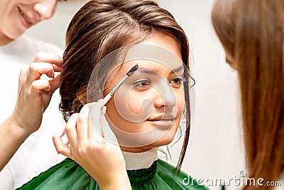 Makeup artist combing eyebrows and hairstylist preparing hairstyle Stock Photo