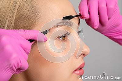 Makeup artist combs and plucks eyebrows after dyeing in a beauty salon.Professional makeup and cosmetology skin care Stock Photo