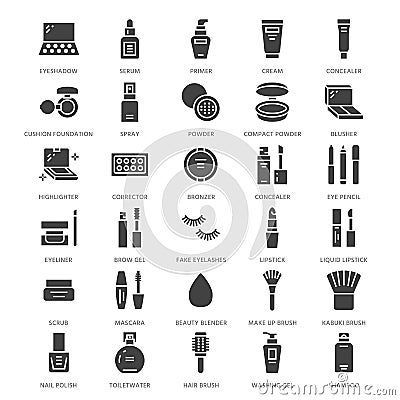 Makeup beauty care flat glyph icons. Cosmetics illustrations of lipstick, mascara, powder, eyeshadows, cushion Vector Illustration