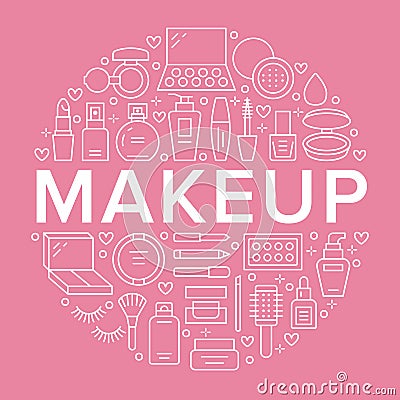 Makeup beauty care pink circle poster concept line icons. Cosmetics illustrations of lipstick, mascara, powder Vector Illustration