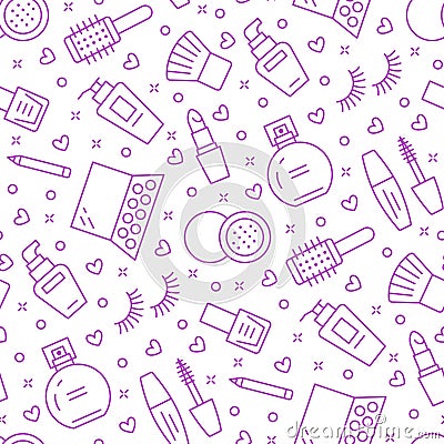 Makeup beauty care purple seamless pattern with flat line icons. Cosmetics illustrations of lipstick, mascara, perfume Vector Illustration