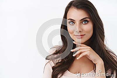 Makeup, beauty concept. Close-up portrait feminine caucasian woman dressed for success, applied makeup, getting ready Stock Photo