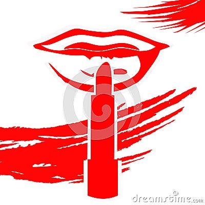 Makeup beauty logo with red lips and lipstick finger Vector Illustration