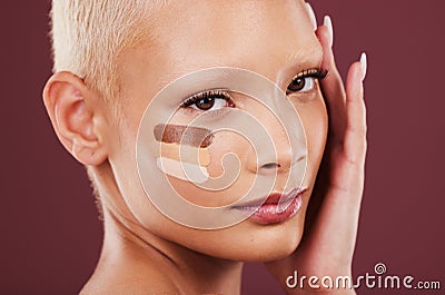 Makeup, beauty and portrait of woman with foundation, cosmetics products and contour on studio background. Cosmetology Stock Photo