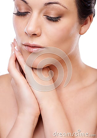 Makeup, beauty and woman in studio for cosmetic care, wellness and shine closeup. Makeover, face and calm female model Stock Photo