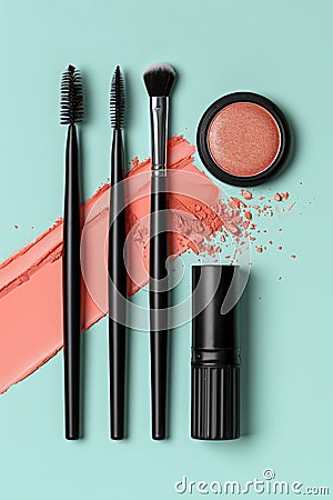 Makeup blush, mascaras, and brush on teal surface. Stock Photo