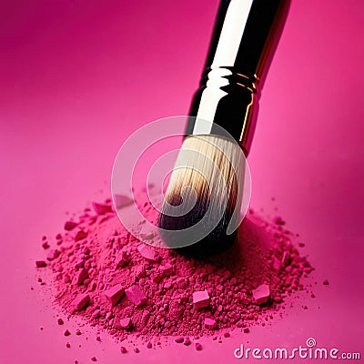 Makeup brush on pink make up powder, cosmetic facial rouge blusher Stock Photo