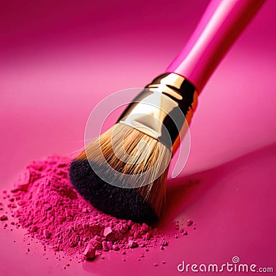 Makeup brush on pink make up powder, cosmetic facial rouge blusher Stock Photo