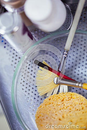 Makeup brush and sponge close-up, make-up artist accessories Stock Photo